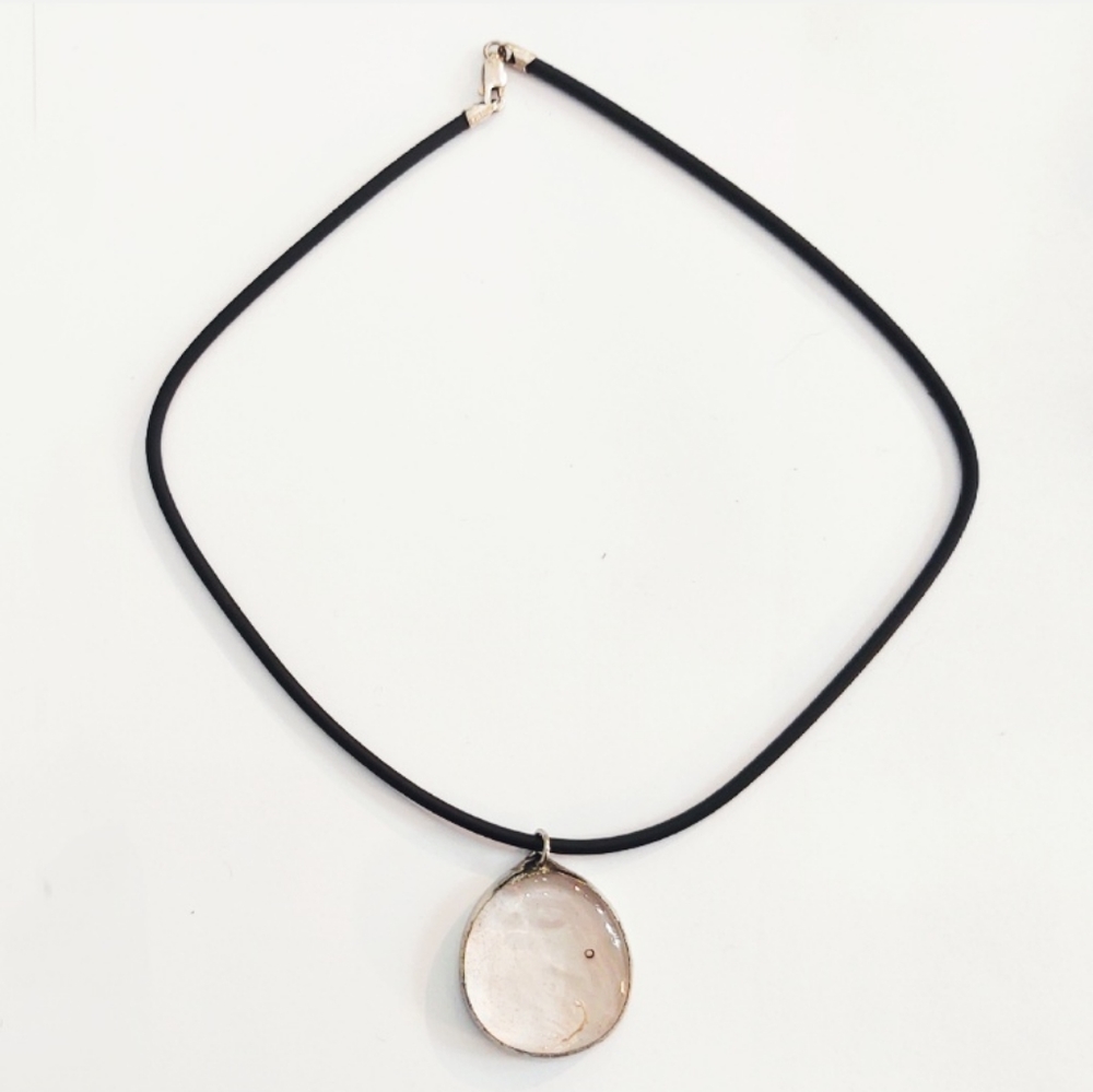 Vintage 1970s Sterling Silver Glass Pendant on Rubber Necklace